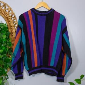 VTG 80s IOU Bold Stripe Knit Sweater Unisex Colorblock Coogi Style Bright Spring